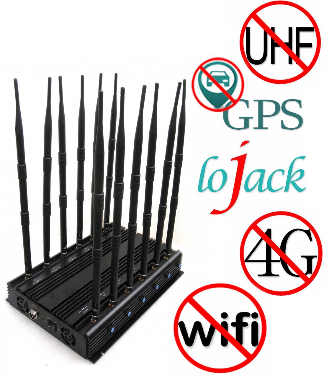 Newly 12 Antennas Cell Phone 3G 4G WiFi GPS VHF UHF Jammer LoJack All Bands Signal Blocker with Power Adjustable 1